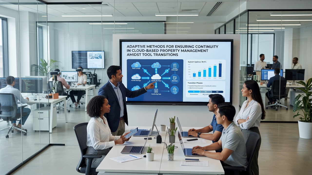 Team reviewing cloud migration logs and continuity checklists on multiple screens